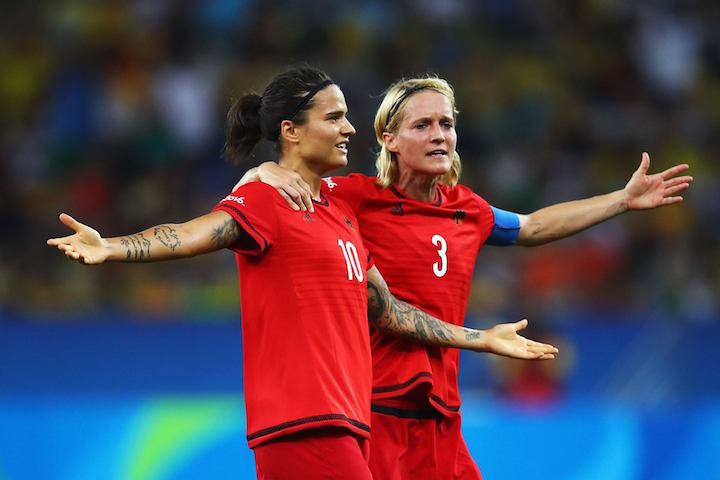 Marozsan of Germany and Saskia Bartusiak of Germany celebrates after going 0-2 ahead during the Women's Olympic Gold Medal match between Sweden and Germany at Maracana Stadium on August 19, 2016 in Rio de Janeiro, Brazil. (Photo by Clive Brunskill/Getty Images)