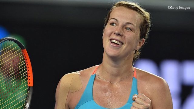 Russia's Anastasia Pavlyuchenkova celebrates beating Ukraine's Elina Svitolina in their women's singles third round match on day five of the Australian Open tennis tournament in Melbourne on January 20, 2017. / AFP / PAUL CROCK / IMAGE RESTRICTED TO EDITORIAL USE - STRICTLY NO COMMERCIAL USE (Photo credit should read PAUL CROCK/AFP/Getty Images)