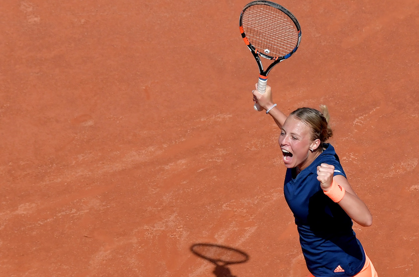 Estonia's Anett Kontaveit celebrates after winning the match against Angelique Kerber of Germany during the WTA Tennis Open tournament at the Foro Italico, on May 17, 2017 in Rome. / AFP PHOTO / TIZIANA FABI (Photo credit should read TIZIANA FABI/AFP/Getty Images)