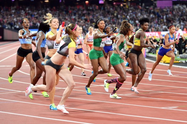 LONDON, UNITED KINGDOM - AUGUST 13: Athletes compete in the Women's 4x400 Metres Relay final during the "IAAF Athletics World Championships London 2017" at London Stadium in the Queen Elizabeth Olympic Park in London, United Kingdom on August 13, 2017. Mustafa Yalcin / Anadolu Agency